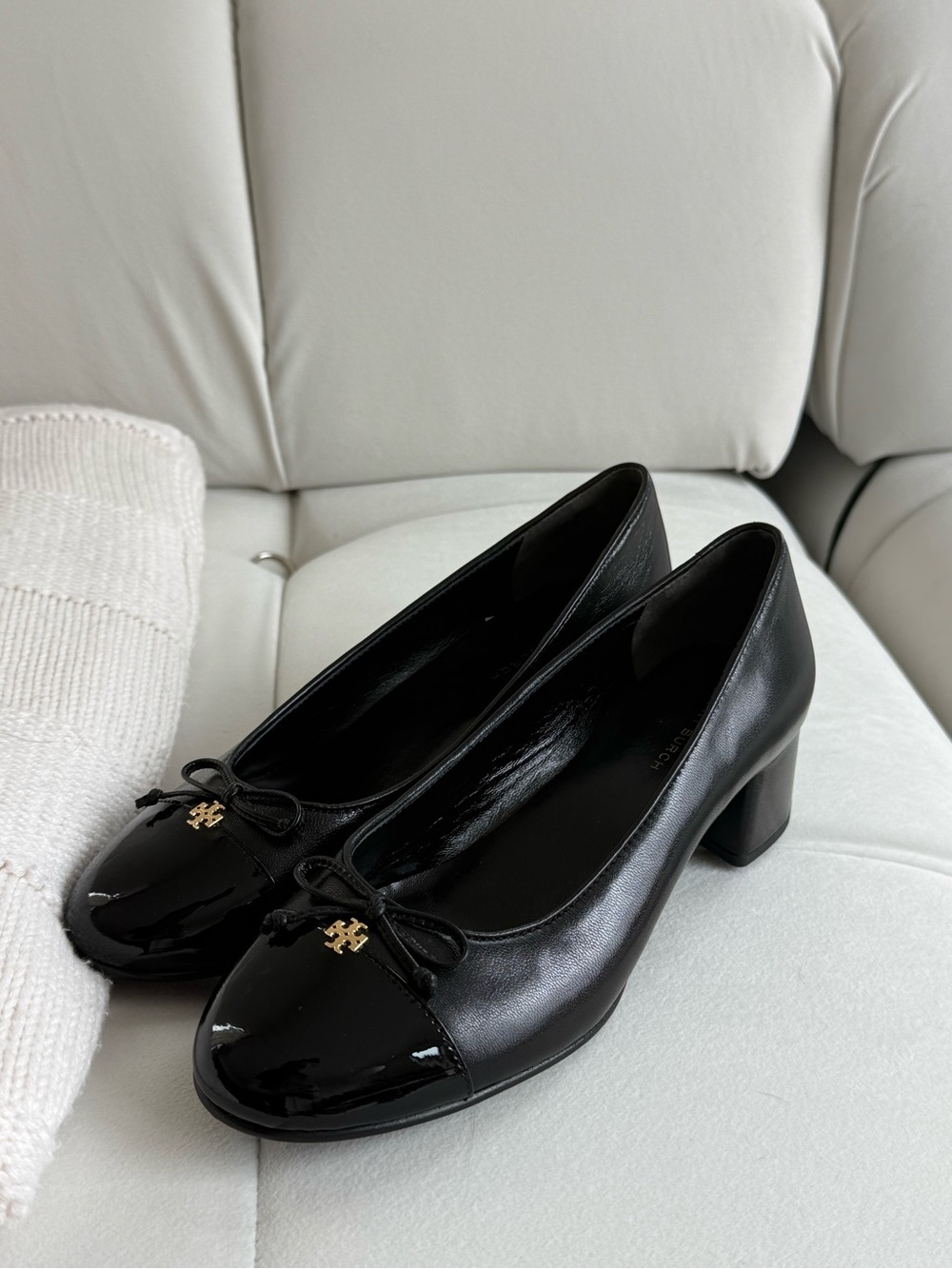 Tory Burch Black Leather Patent Cap-Toe Block Heel Pumps with Gold Logo